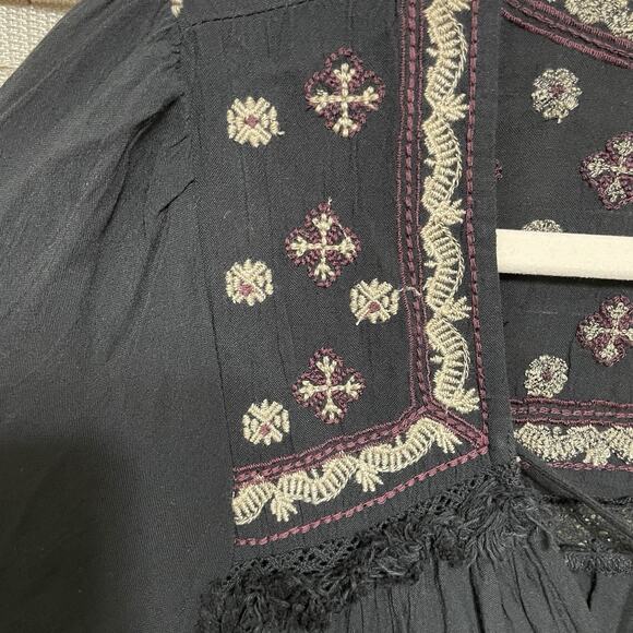 American Eagle Tiered Peasant Dress Size XS Black Embroidered Tassels Boho NEW - Picture 8 of 12